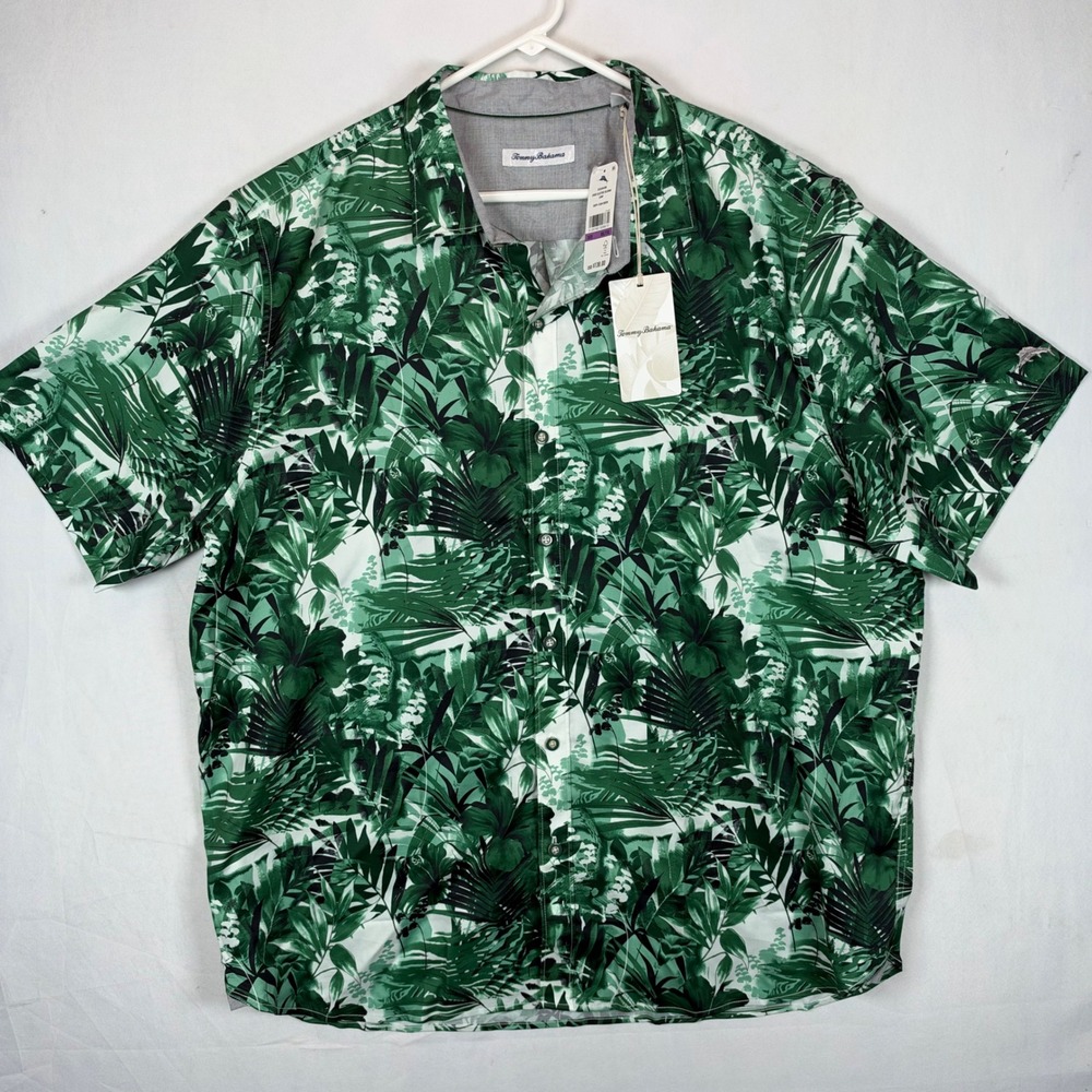 Tommy Bahama Sport Electric Blooms Camp Shirt Mens 2XL Green Tropical Leaf NEW